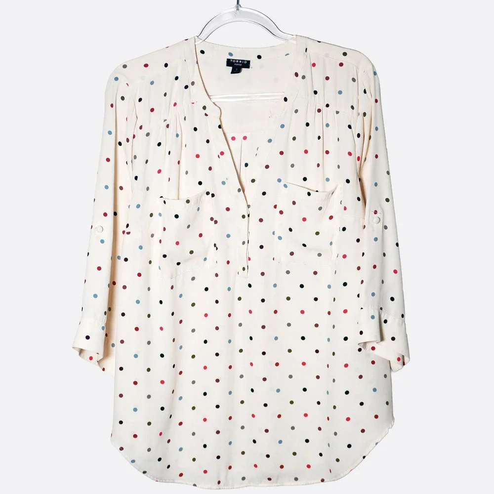 Torrid Harper Blouse Polka Dot Cream Georgette Roll Tab Plus 1X XL (minor flaws)